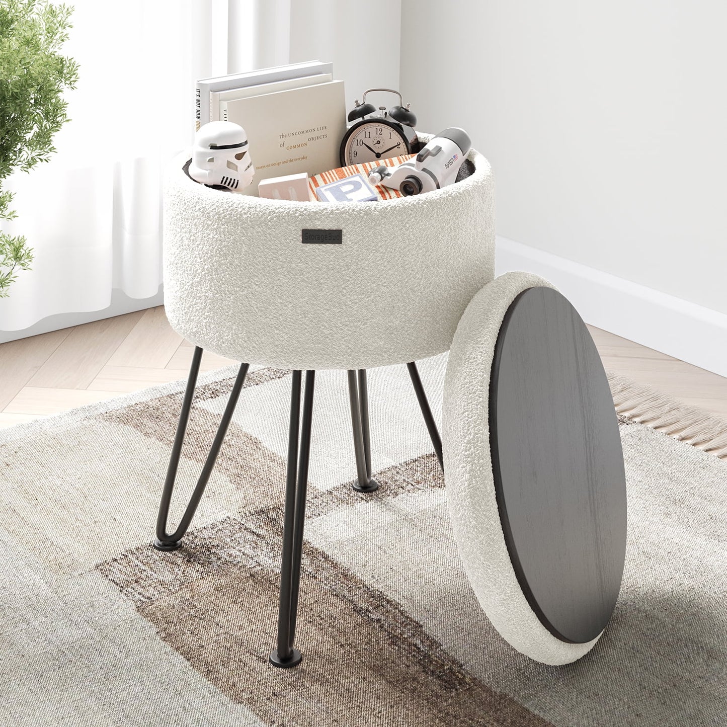 LammaLoe Small Round Ottoman with Storage, Boucle Ottoman Foot Stool with Lid, Upholstered Vanity Stool for Living Room & Bedroom, White