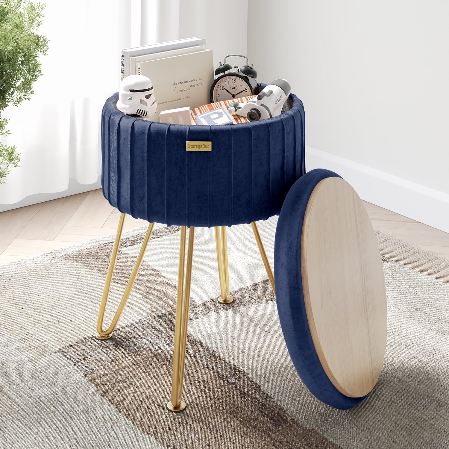 LammaLoe Small Round Ottoman with Storage, Pleated Velvet Ottoman Foot Stool with Lid, Upholstered Vanity Stool for Living Room & Bedroom, Blue