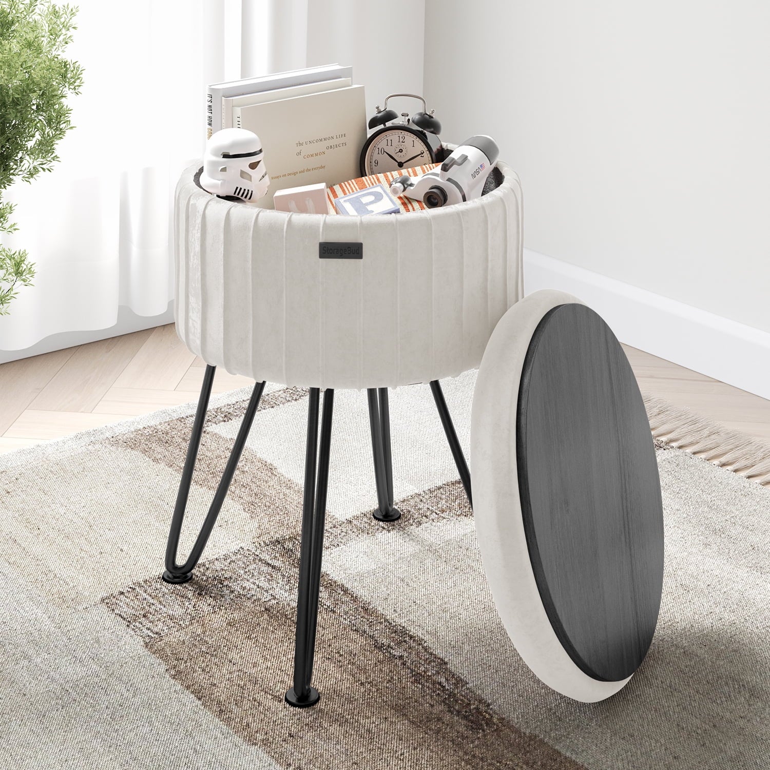 LammaLoe Small Round Ottoman with Storage, Pleated Velvet Ottoman Foot Stool with Lid, Upholstered Vanity Stool for Living Room & Bedroom, Cream