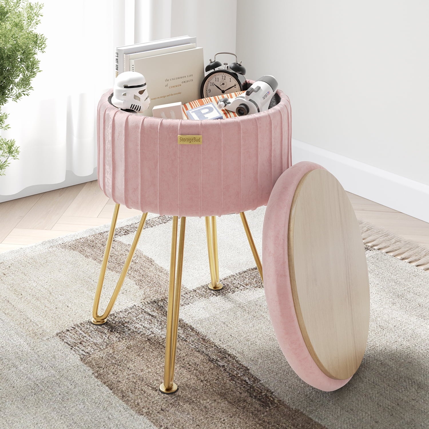 LammaLoe Small Round Ottoman with Storage, Pleated Velvet Ottoman Foot Stool with Lid, Upholstered Vanity Stool for Living Room & Bedroom, Pink