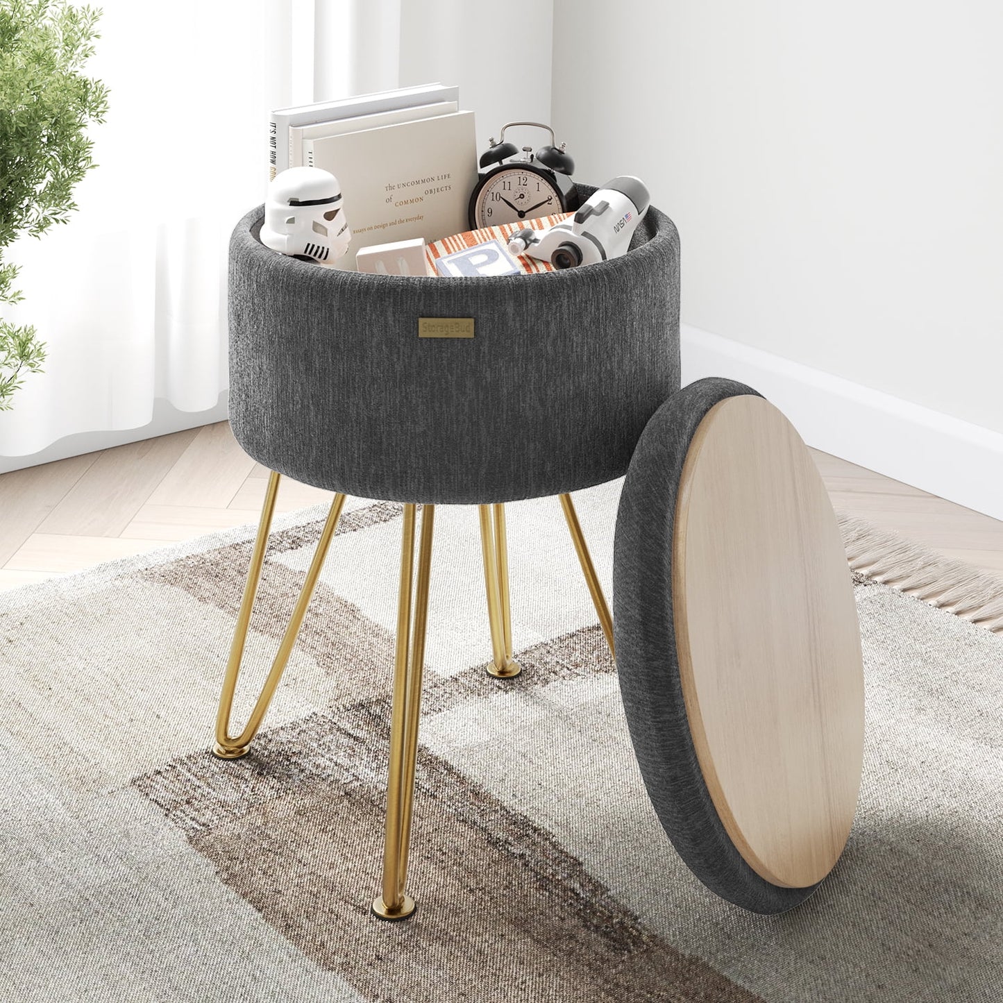 LammaLoe Small Round Ottoman with Storage, Textured Velvet Ottoman Foot Stool with Lid, Upholstered Vanity Stool for Living Room & Bedroom, Gray