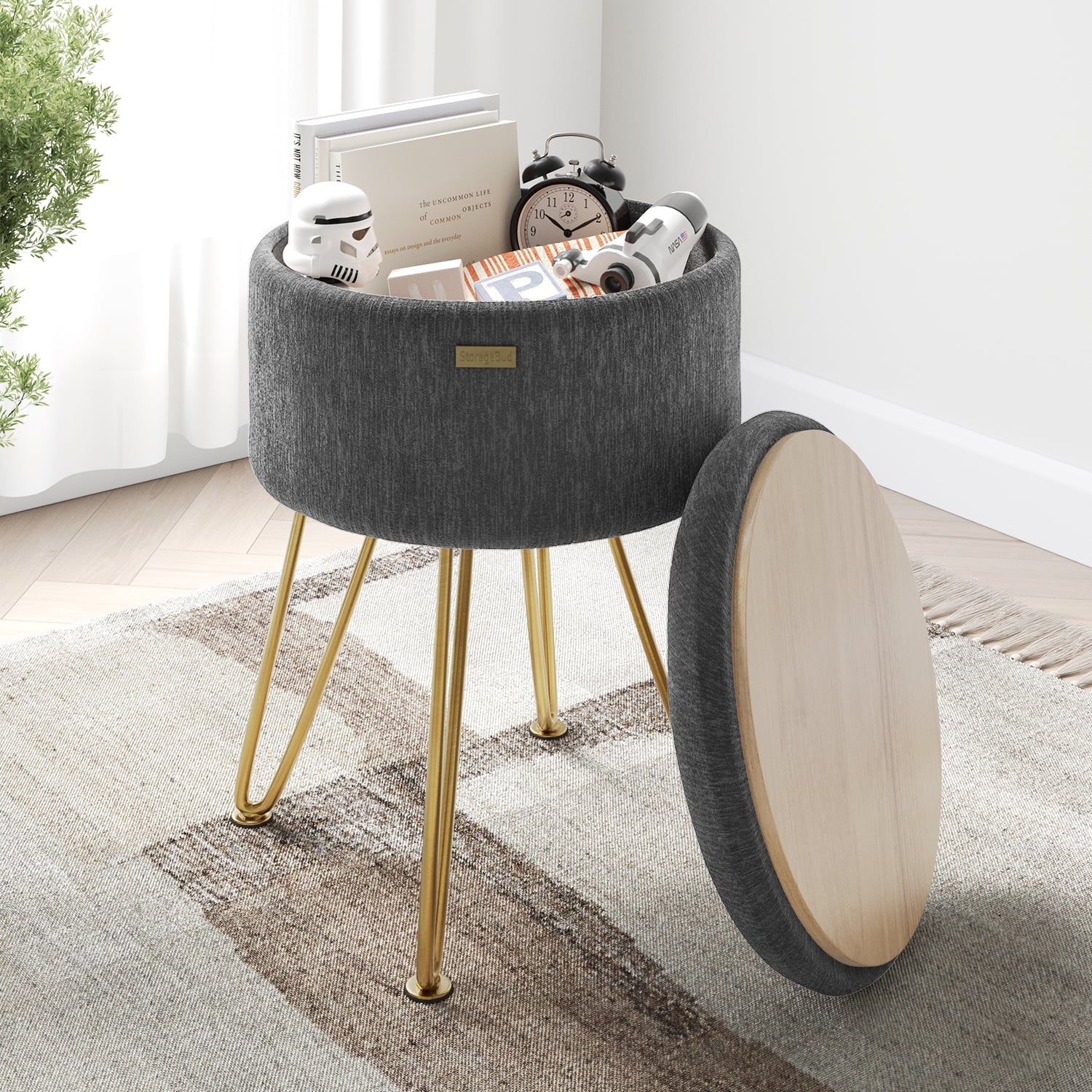 LammaLoe Small Round Ottoman with Storage, Textured Velvet Ottoman Foot Stool with Lid, Upholstered Vanity Stool for Living Room & Bedroom, Gray
