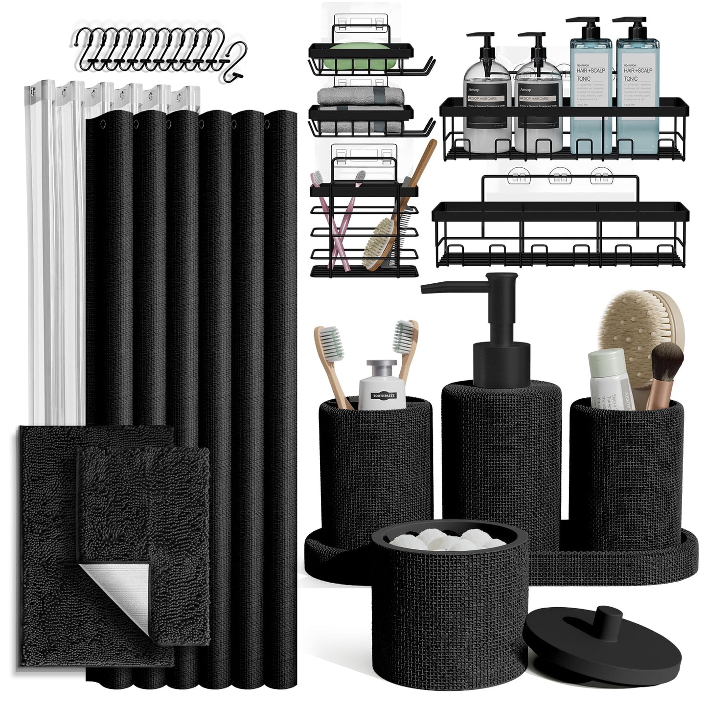Lammaloe Black Bathroom Accessories Sets and Shower Caddy for Bathroom Sets with Shower Curtain Sets and Rugs for Bathroom Decor with Toothbrush Holder