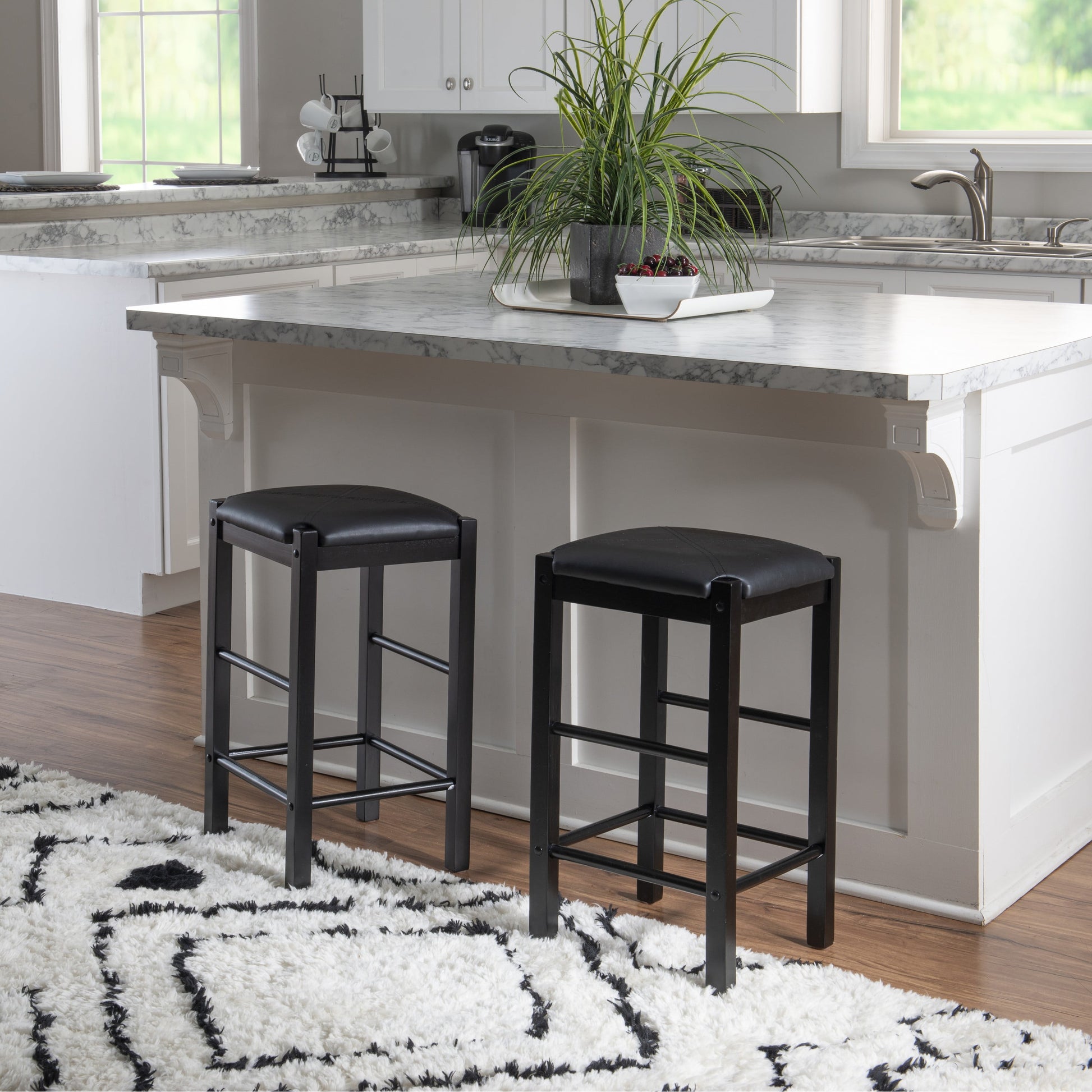 Linon Lancer Backless Wood Counter Stool, 25" Seat Height, Black Finish with Black Fabric