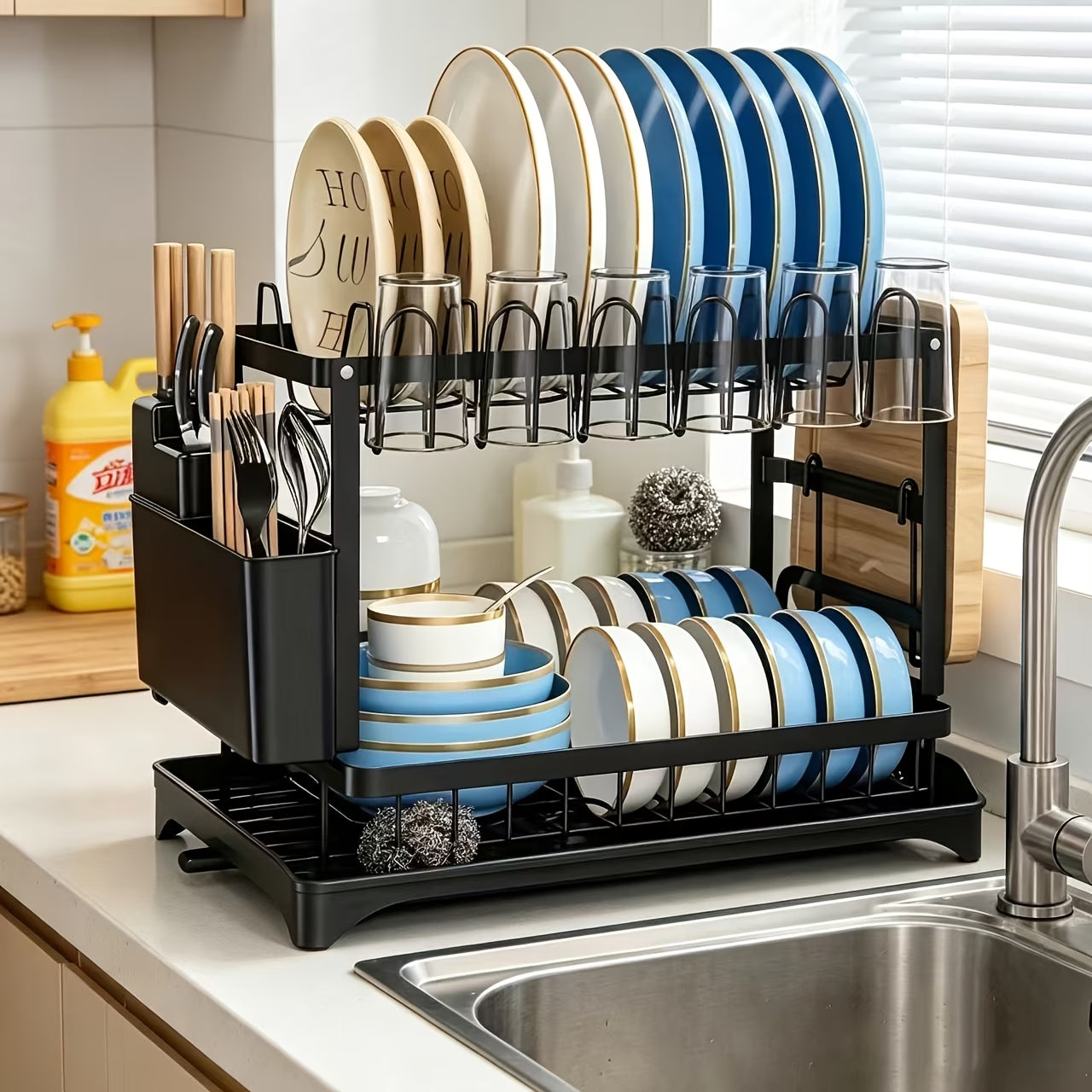 Large 2-Tier Dish Drying Rack with Drip Tray and Drainage Device, Kitchen Counter Dish Drainer for Plates, Knives, Cups and Cutting Boards