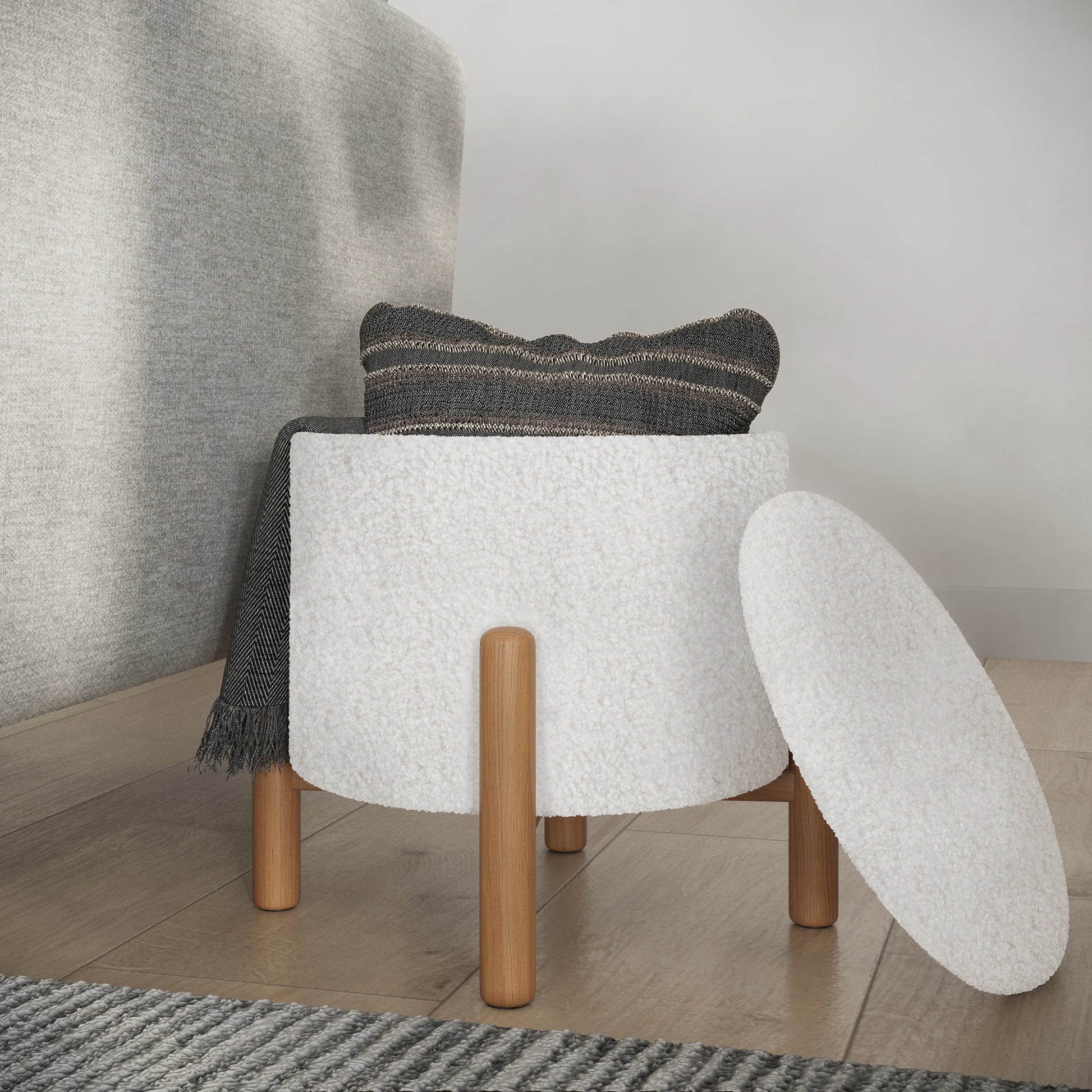 Lavish Home Round Ottoman with Removable Top for Storage (White)