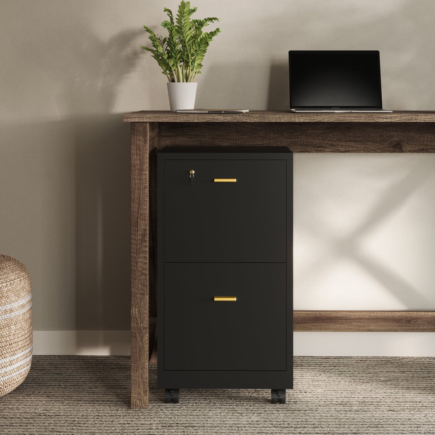 Lavish Home 2 Drawer File Cabinet - Rolling Filing Cabinet with Lock, Black