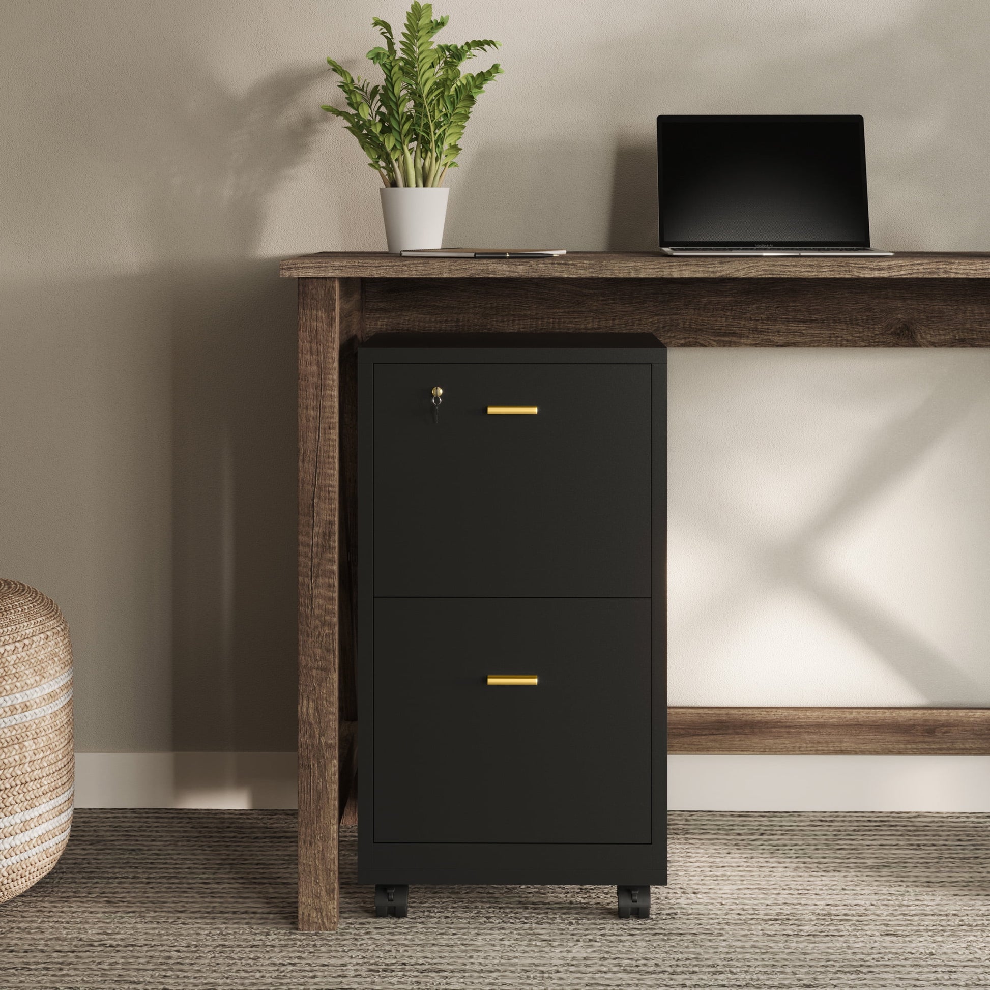 Lavish Home 2 Drawer File Cabinet - Rolling Filing Cabinet with Lock, Black
