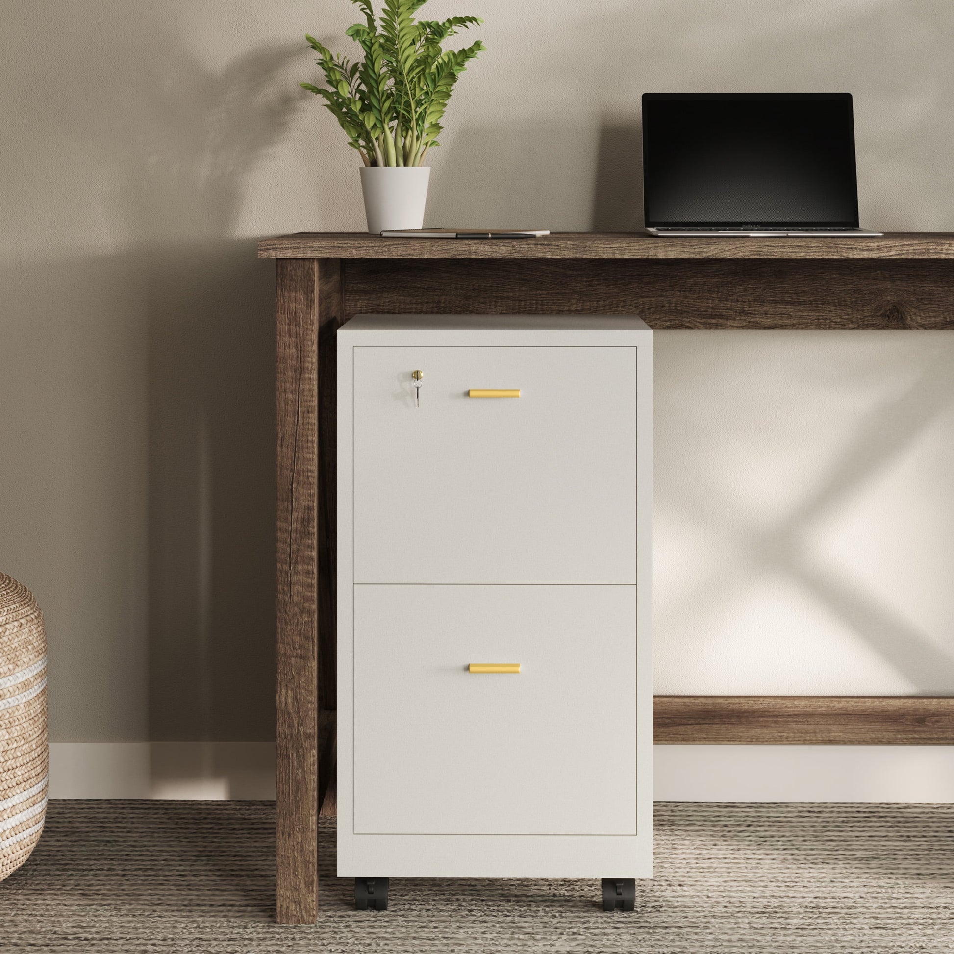 Lavish Home 2 Drawer File Cabinet - Rolling Filing Cabinet with Lock, White