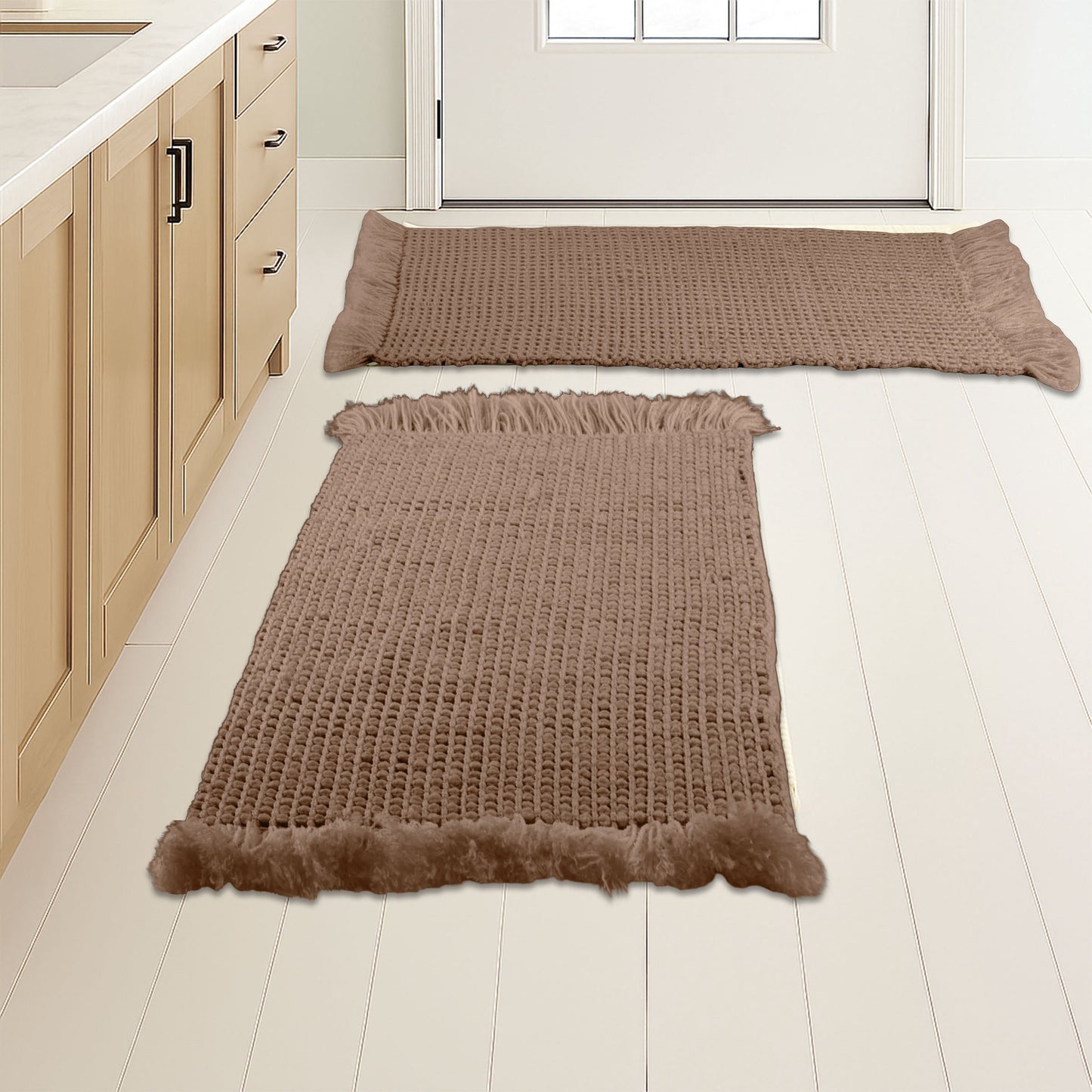 Lavish Home 2PC Waffle Bath Mat Set - Washable Bathroom Rugs (Natural)