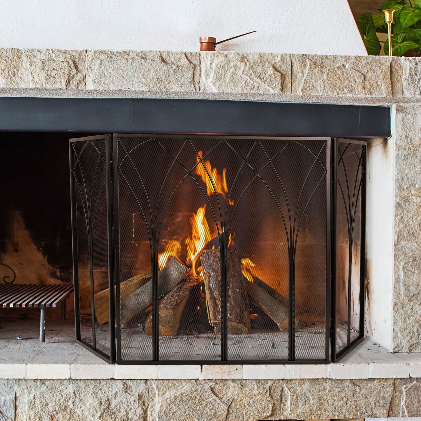 Lavish Home 3 Panel Victorian Style Gothic Folding Fireplace Screen with Black Protective Mesh