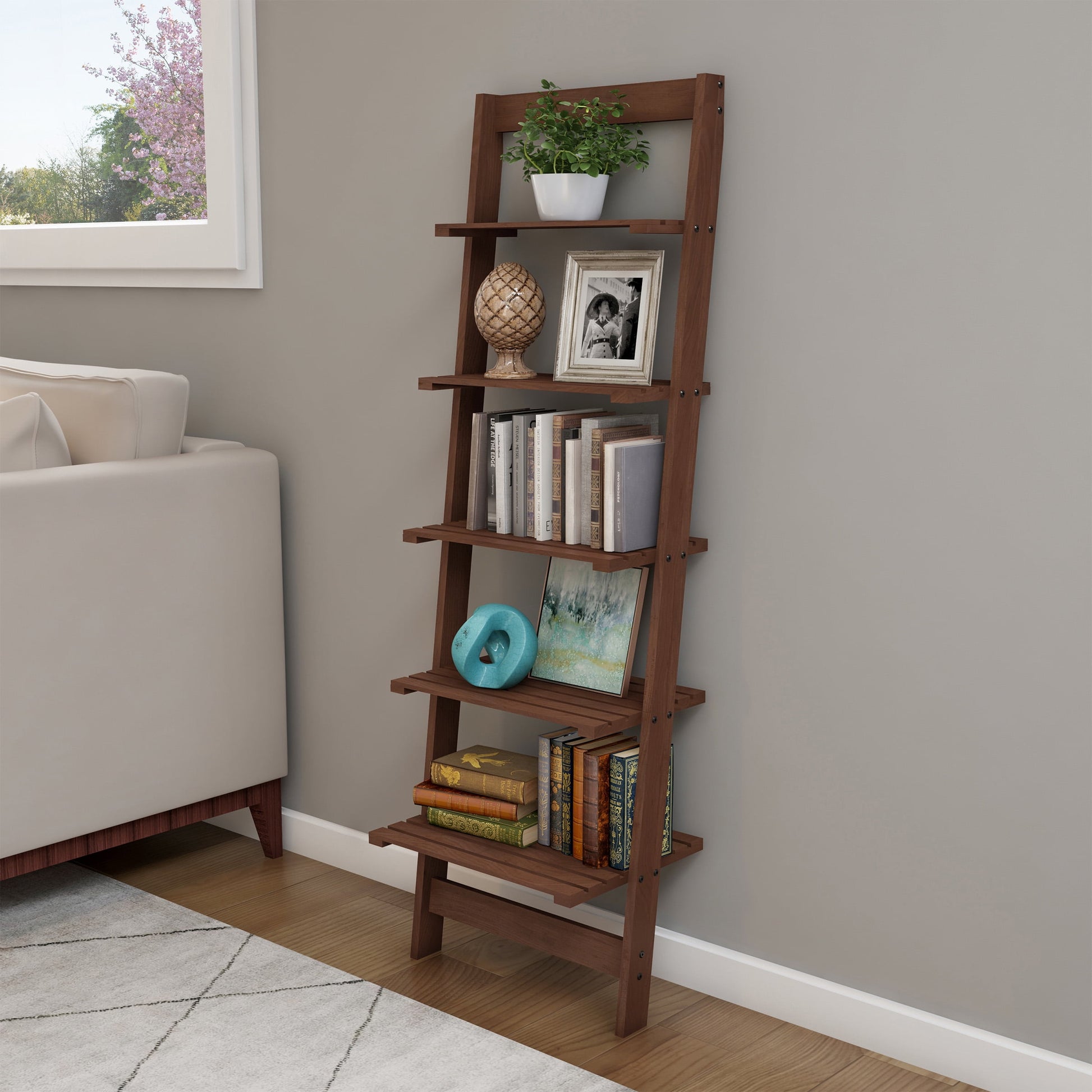 Lavish Home 5-Tier Slatted Wood Leaning Ladder Shelf in Walnut Finish for Narrow Storage