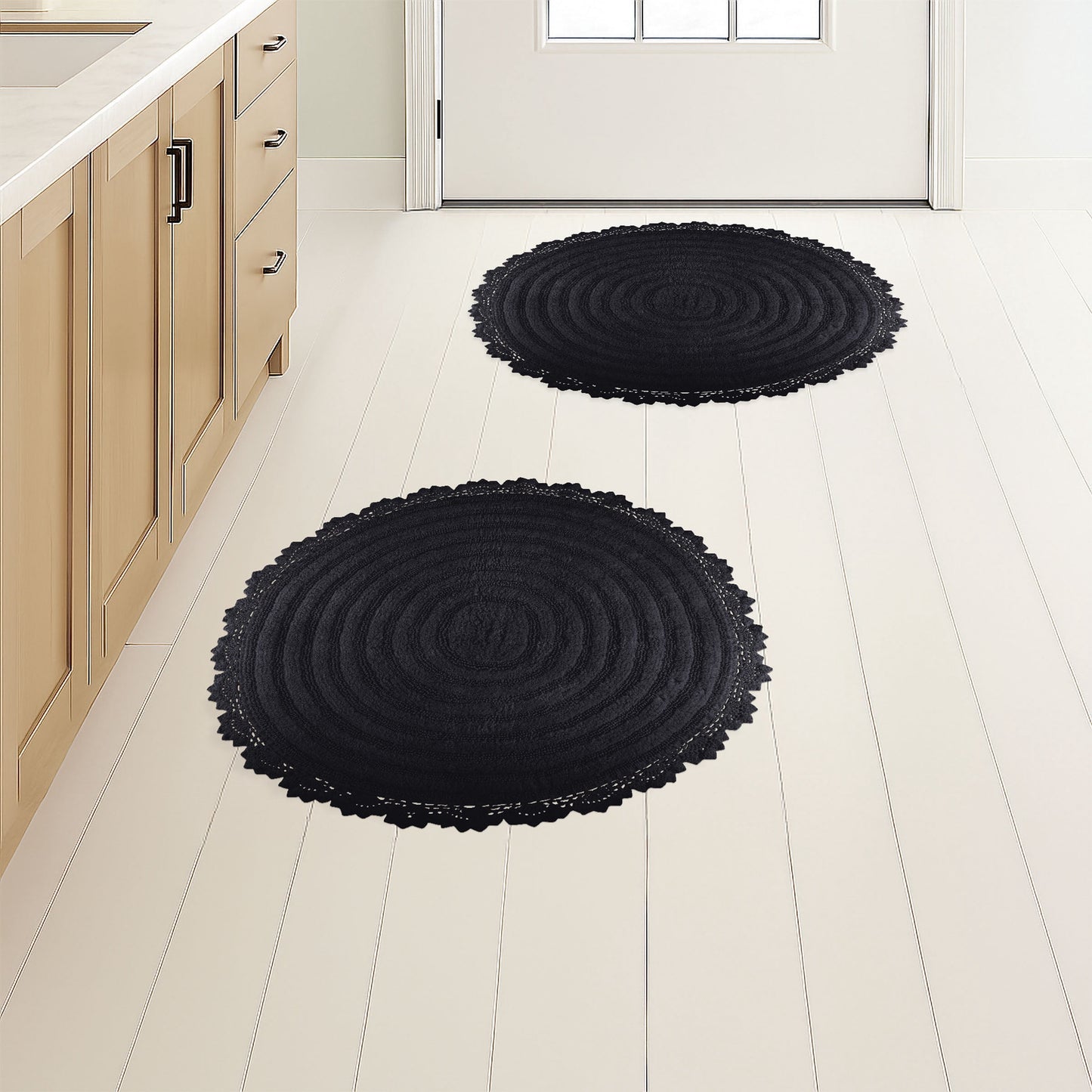 Lavish Home Bathroom Rugs - 2-Piece Woven Cotton Bath Mat Set (Black)