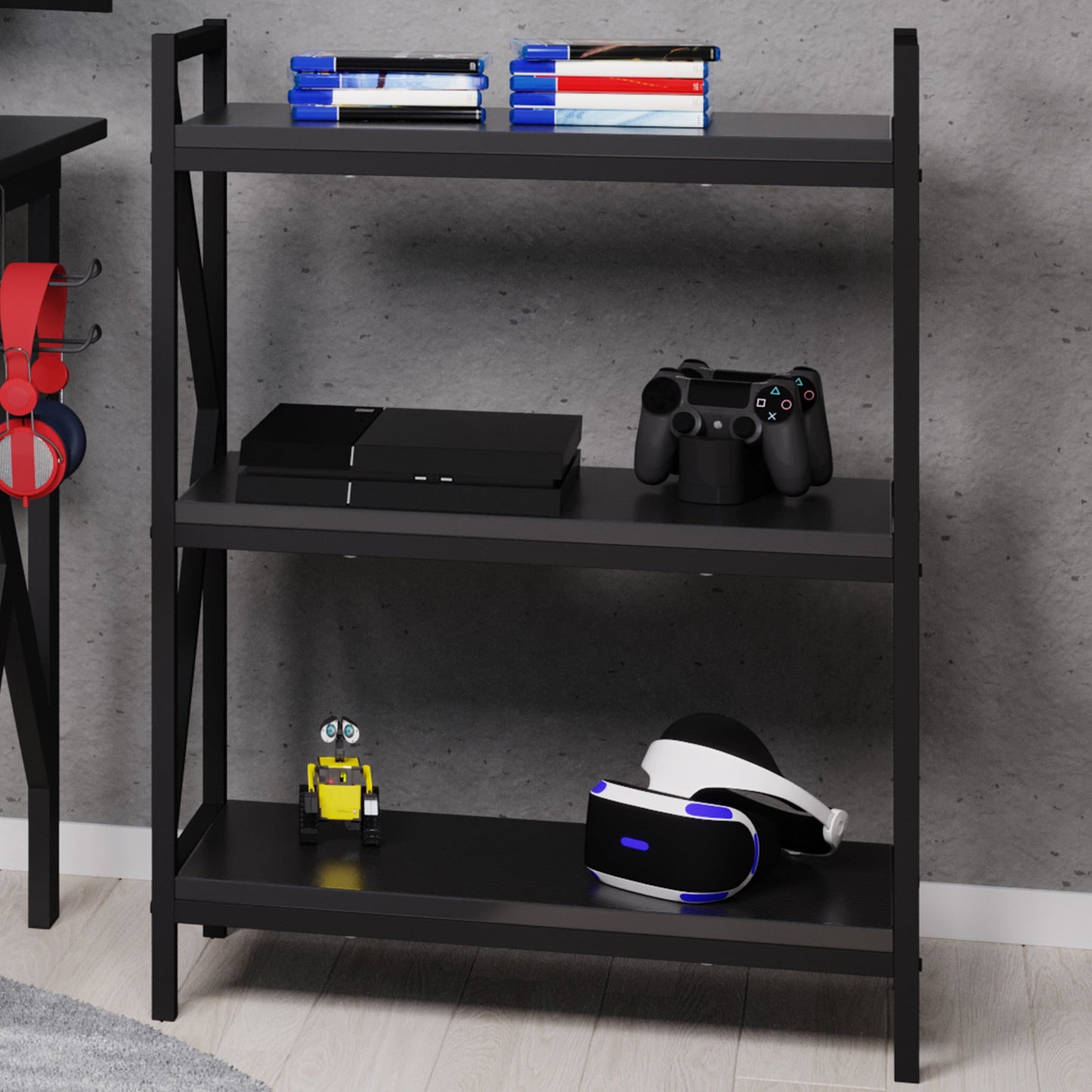 Lavish Home Book Shelf - 3 Shelf Bookcase with Carbon Fiber Textured Finish and K-Shaped Legs - Bookshelves Pair with Gaming Desks, Black