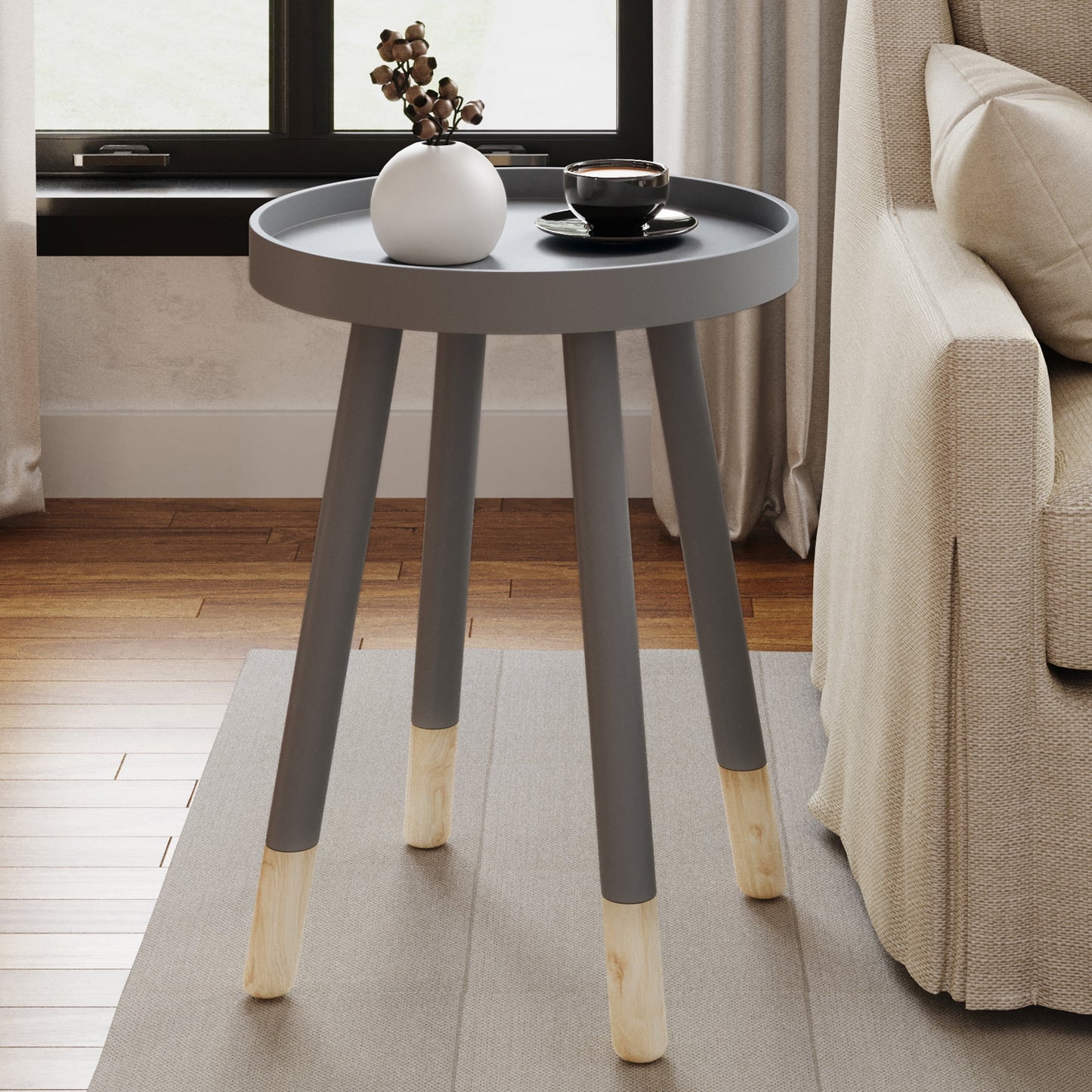 Lavish Home Mid-Century Modern Round End Side Table with Tray Top â€“ Living Room, Bedside & Decor, Gray