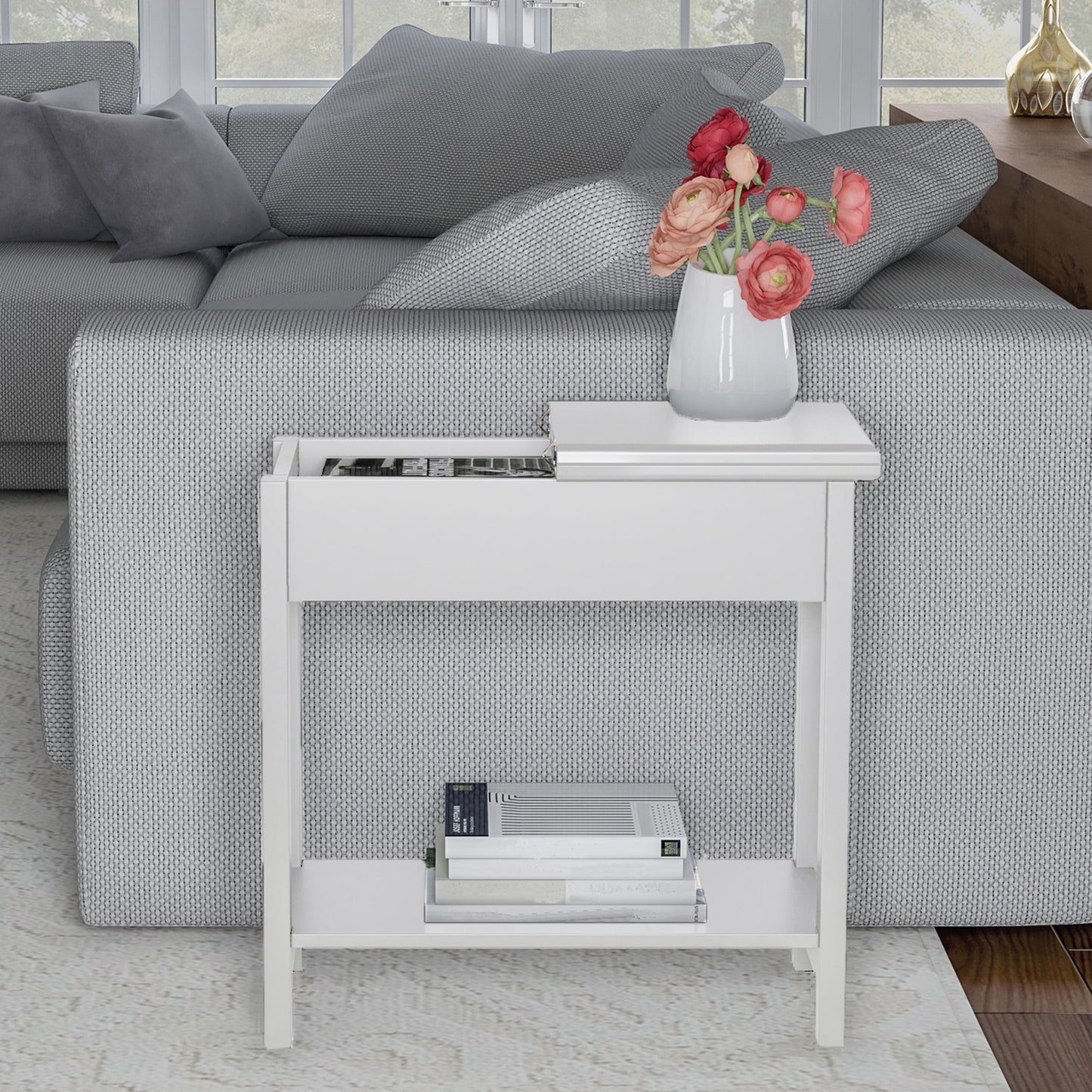 Lavish Home Narrow End Table with Storage Compartment and Shelf (White)
