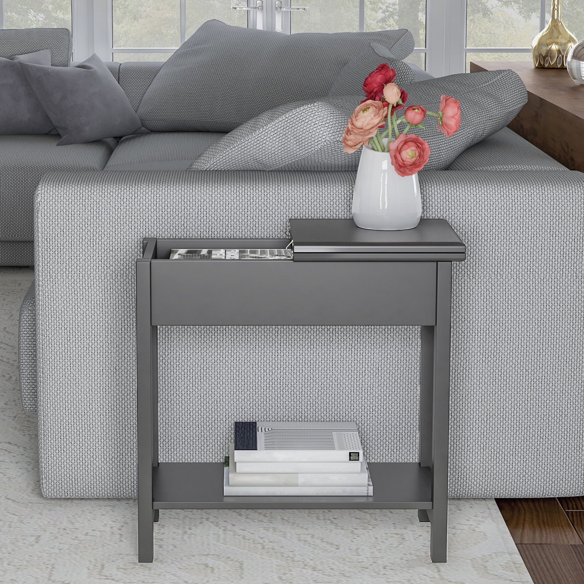 Lavish Home Narrow Sofa Console or End Table with Flip-Top Storage Compartment and Shelf (Gray)