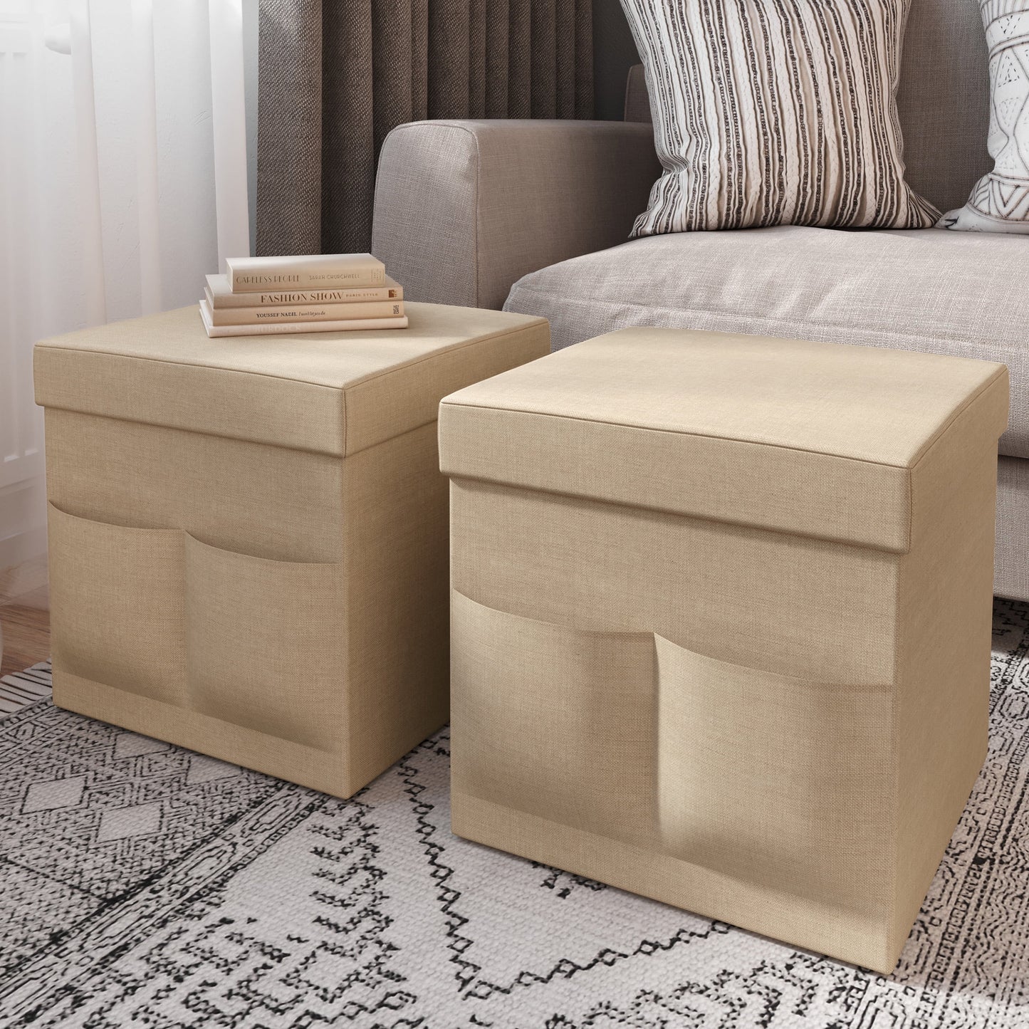 Lavish Home Set of Two 15-inch Foldable Ottomans with Storage Pockets, Beige