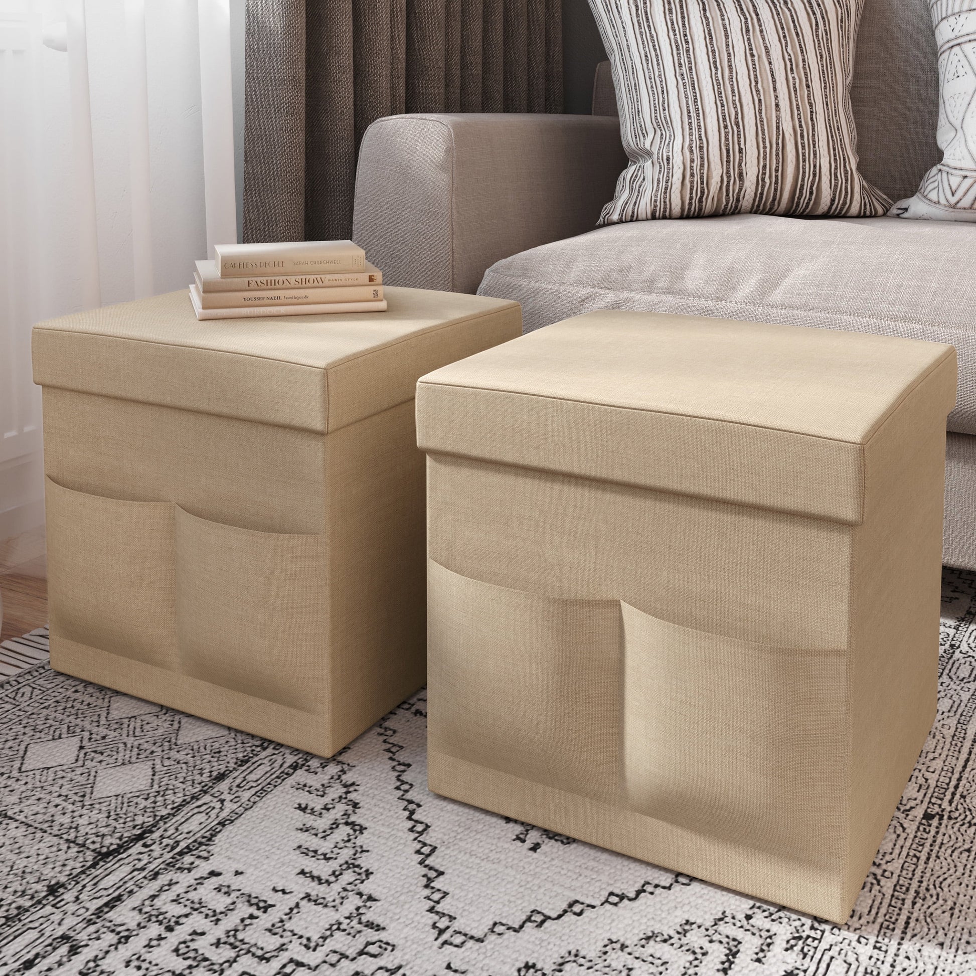 Lavish Home Set of Two 15-inch Foldable Ottomans with Storage Pockets, Beige