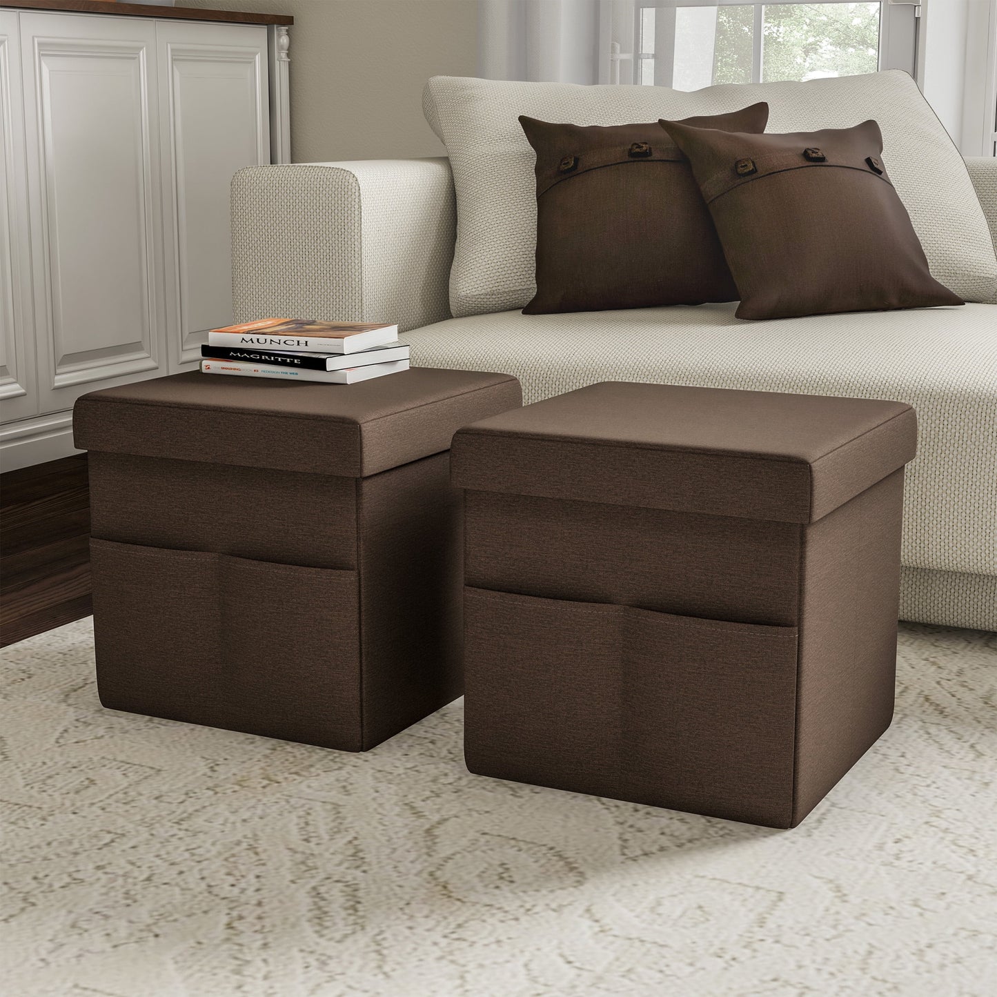 Lavish Home Set of Two 15-Inch Folding Ottomans with Storage Pockets, Dark Brown
