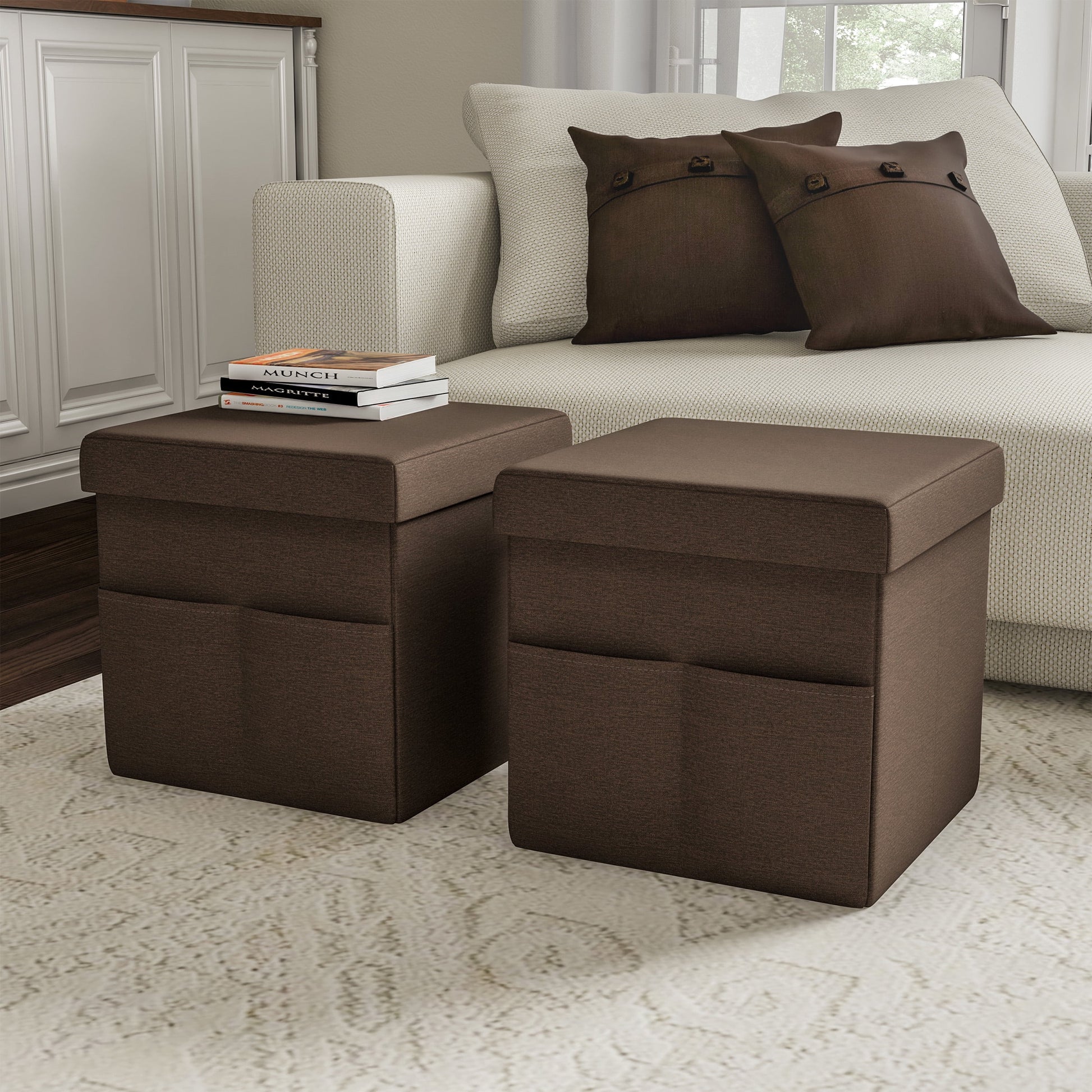 Lavish Home Set of Two 15-Inch Folding Ottomans with Storage Pockets, Dark Brown