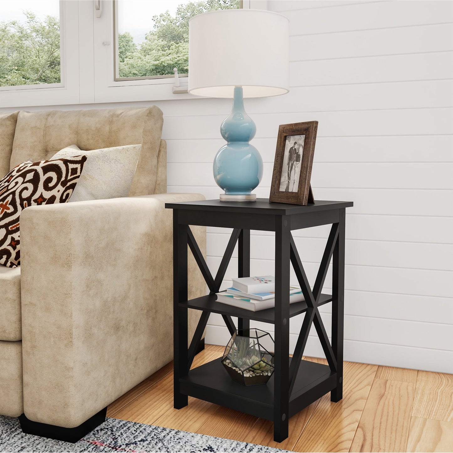 Lavish Home Wooden End Table, Modern Style Sofa Side Table with X-Leg Design and Two Shelves, Gray