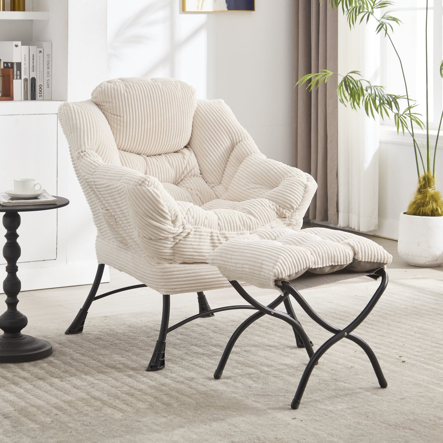 Lazy Chair with Ottoman,Modern Accent Chair with Armrests and a Side Pocket,Upholstered Armchair Sofa Chair Reading Chair with Footrest for Living Room,White