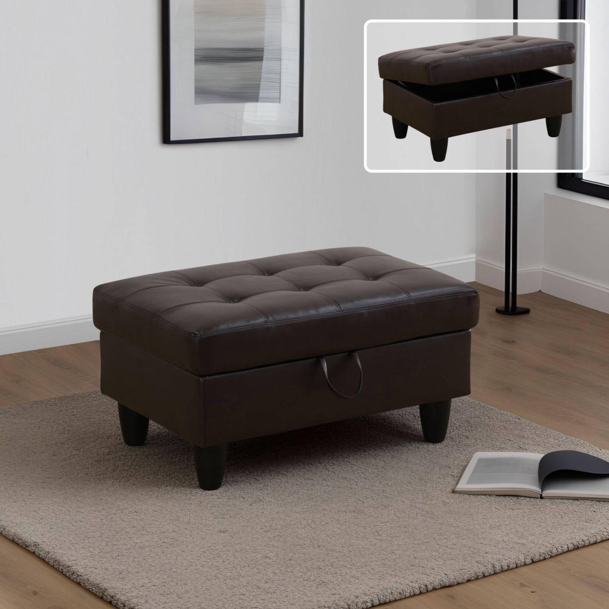Otoman de Almacenamiento de Cuero, Taburete Plegable con Banco Otomano con Botones de Almacenamiento para Sala de Estar, Negro