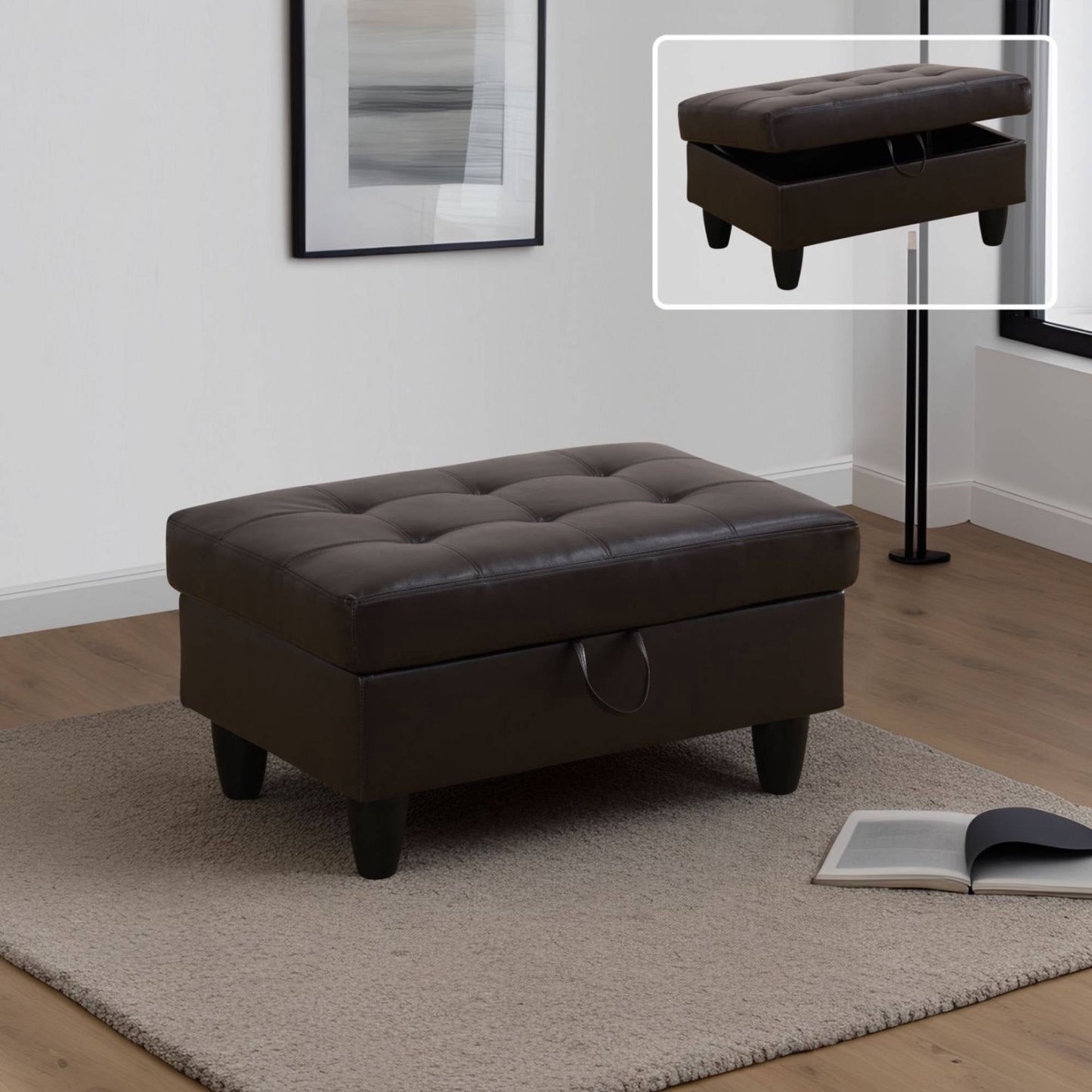 Leather Storage Ottoman, Folding Foot Stool with Storage Button Tufted Ottoman Bench for Living Room,Brown