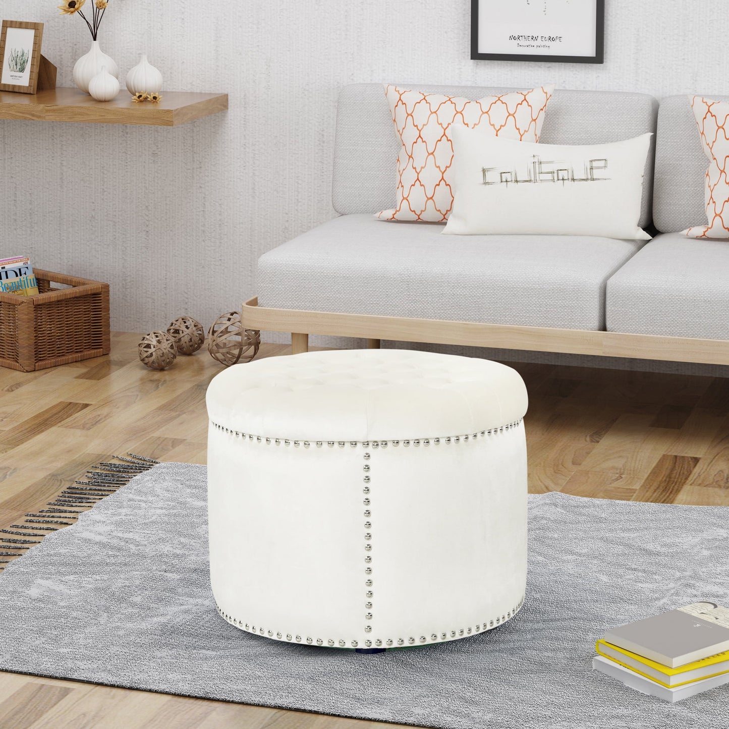 Leavitt Luxurious Emerald Velvet Round Ottoman with Studded Rim, Grey