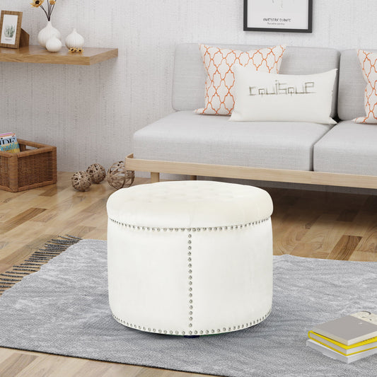Leavitt Luxurious Emerald Velvet Round Ottoman with Studded Rim, Grey