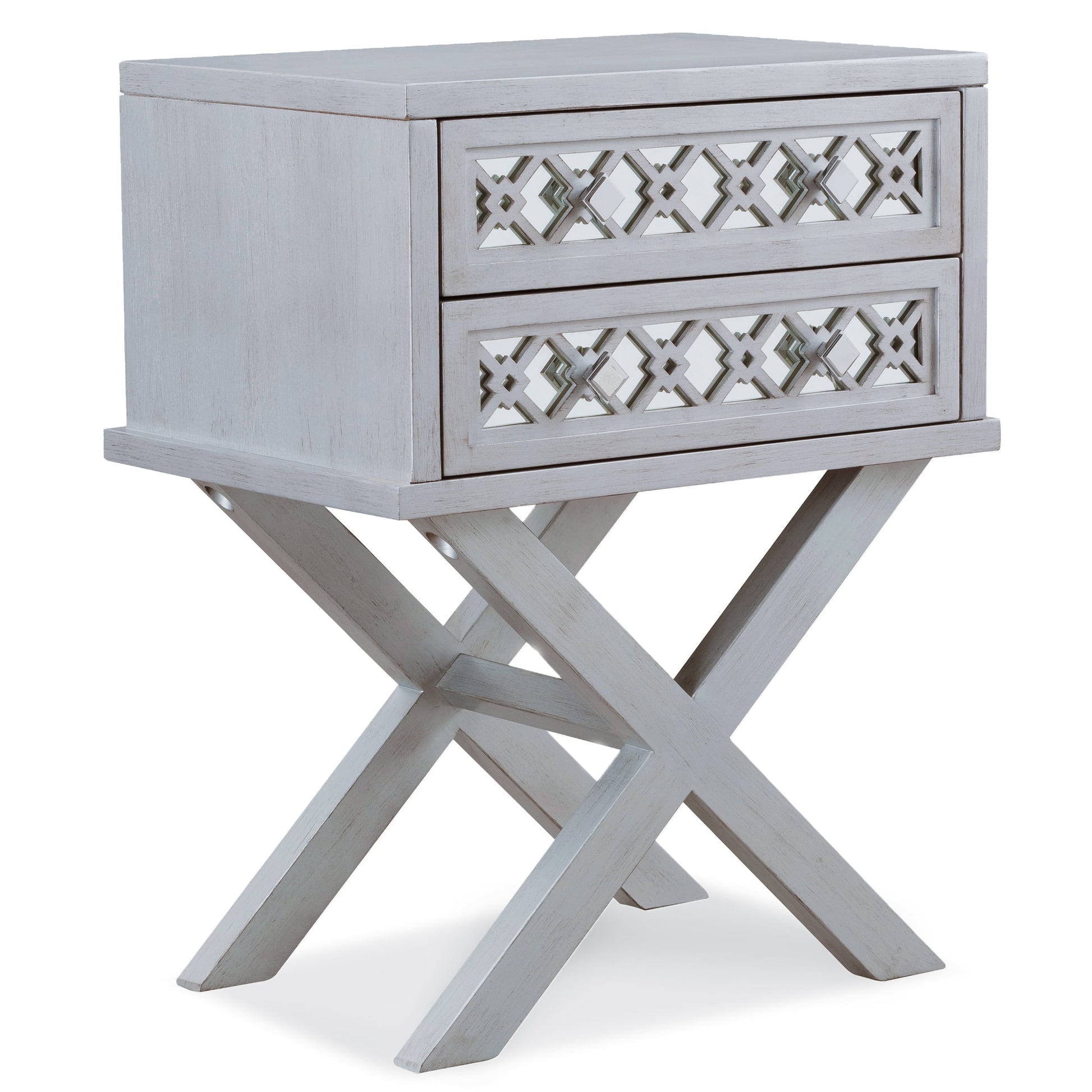 Leick Home 10082-SV Filigrana de Diamante Espejado Mesa Auxiliar de Dos Cajones con Base en X, Hoja Plateada