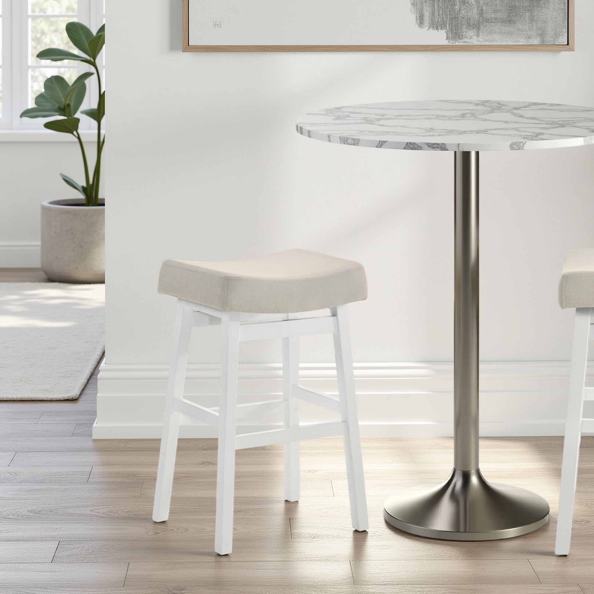 Lenon Modern Farmhouse Wood Bar Height Kitchen Bar Stool in White Finish with Cream Fabric Upholstered Seat