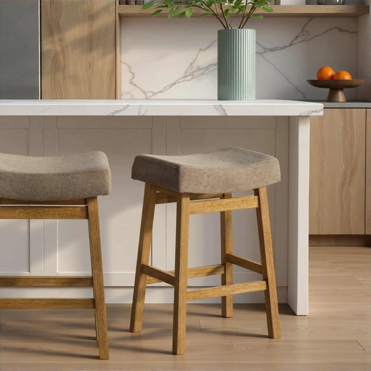 Lenon Modern Farmhouse Wood Counter Height Kitchen Bar Stool in Amber Glow Finish with Taupe Fabric Upholstered Seat