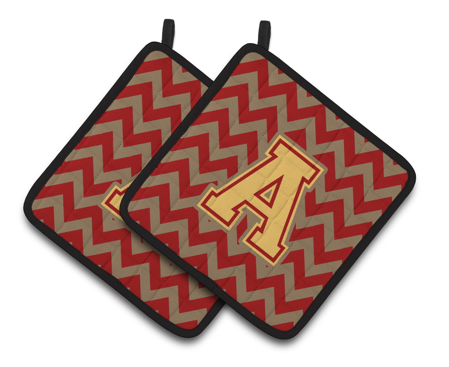 Letter A Chevron Garnet and Gold Pair of Pot Holders