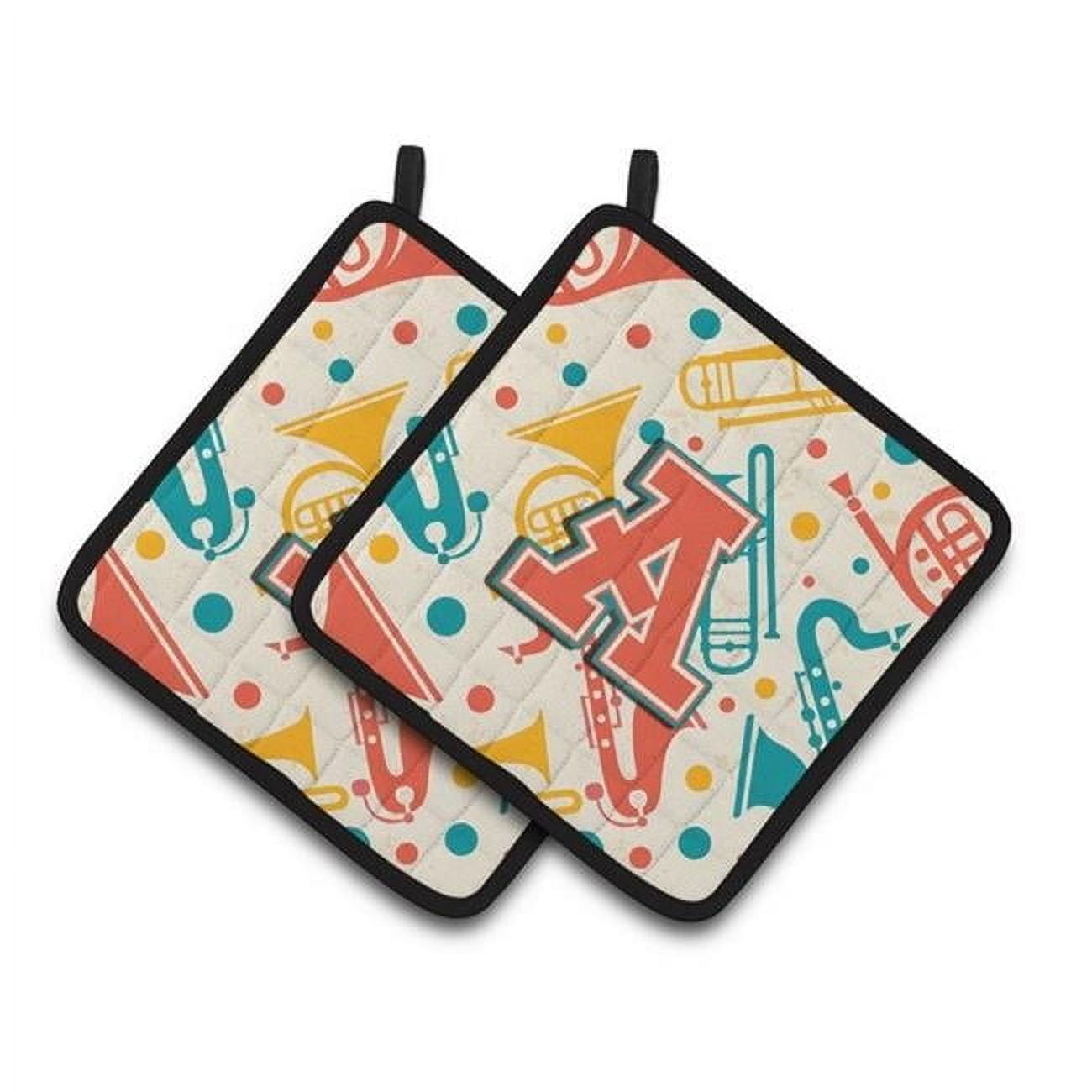 Letter A Retro Teal Orange Musical Instruments Initial Pair of Pot Holders