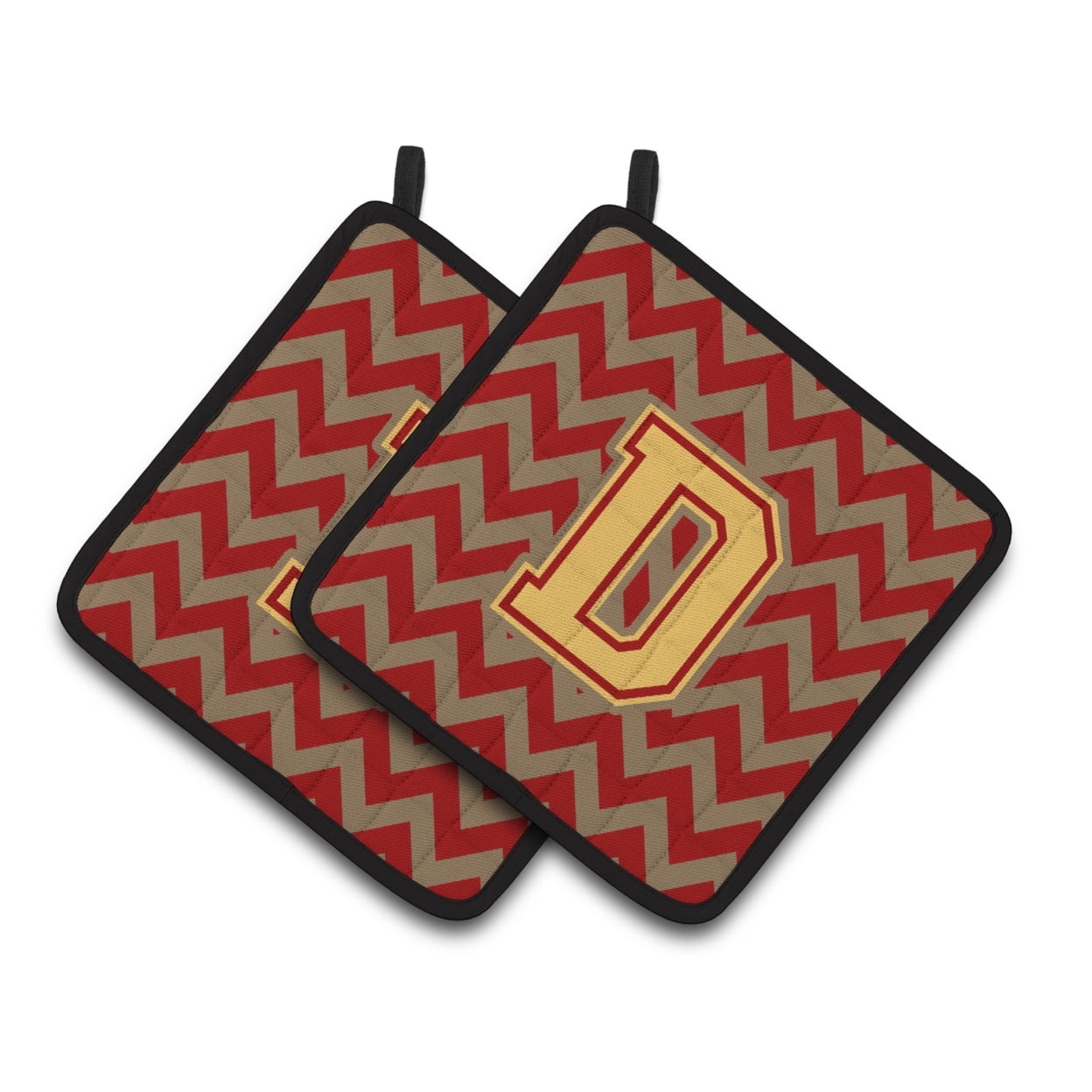 caroline's treasures letter d chevron garnet & gold pair of pot holders cj1048-dpthd, 7.5hx7.5w, multicolor