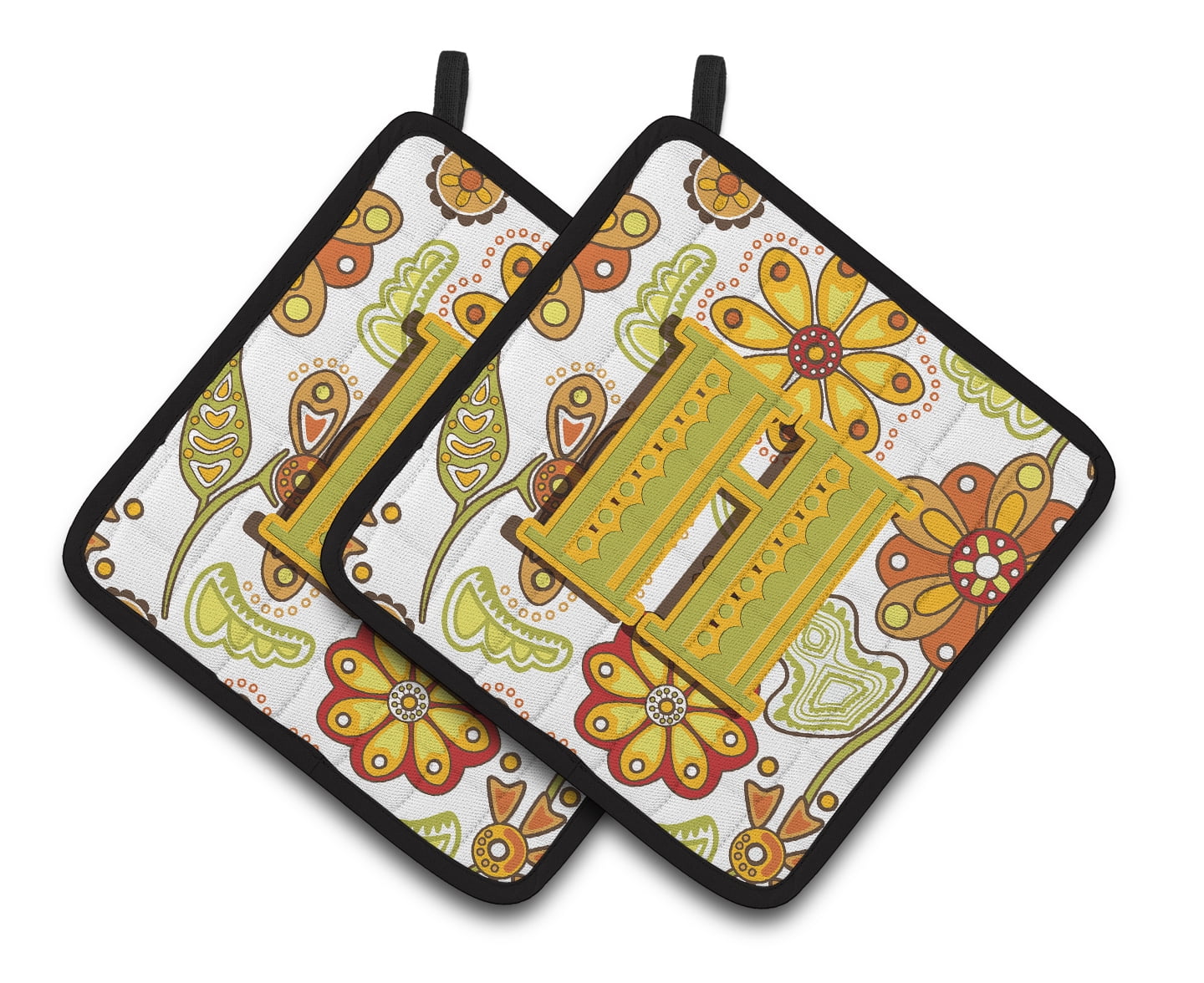 Letter H Floral Mustard and Green Pair of Pot Holders