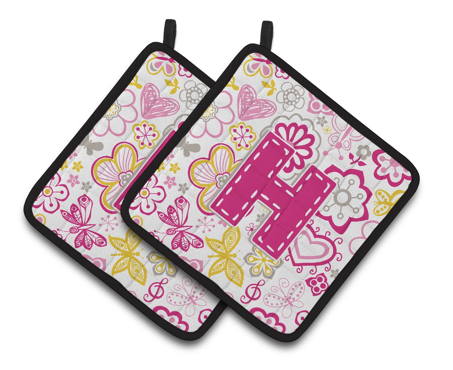 Letter H Flowers and Butterflies Pink Pair of Pot Holders