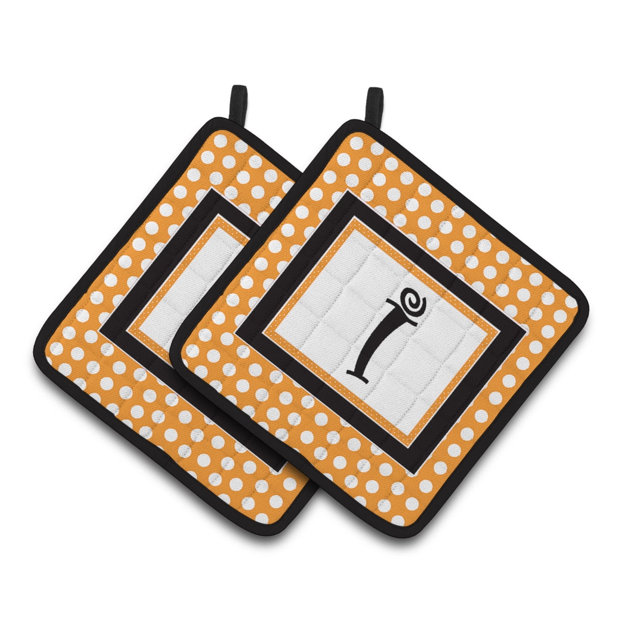 Letter I Initial Monogram - Orange Polkadots Pair of Pot Holders