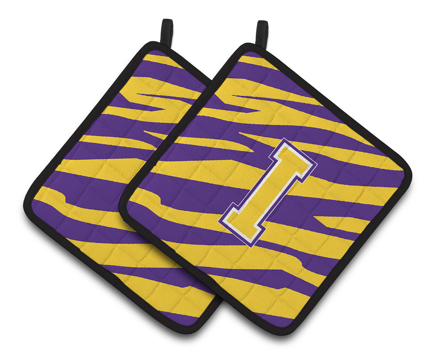 Letter I Monogram - Tiger Stripe - Purple Gold Pair of Pot Holders