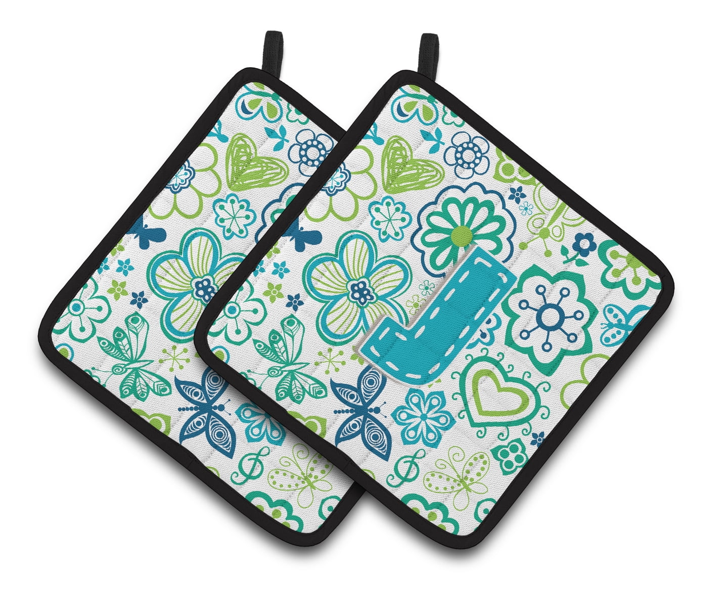 Letter J Flowers and Butterflies Teal Blue Pair of Pot Holders