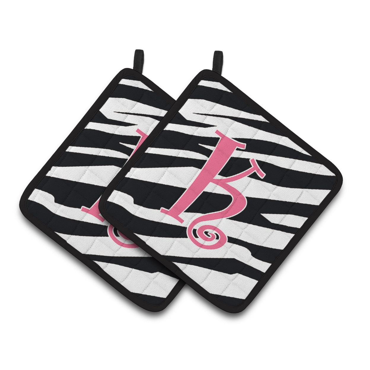 Monogram Initial K Zebra Stripe and Pink Pair of Pot Holders