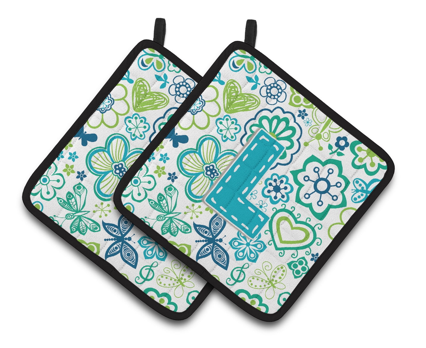 Letter L Flowers and Butterflies Teal Blue Pair of Pot Holders