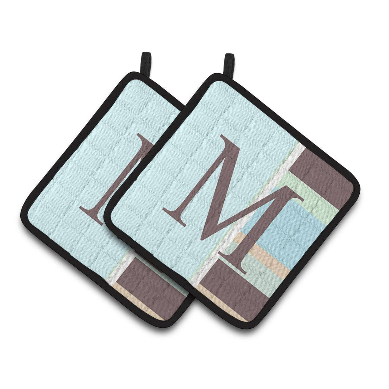 Letter M Initial Monogram - Blue Stripes Pair of Pot Holders