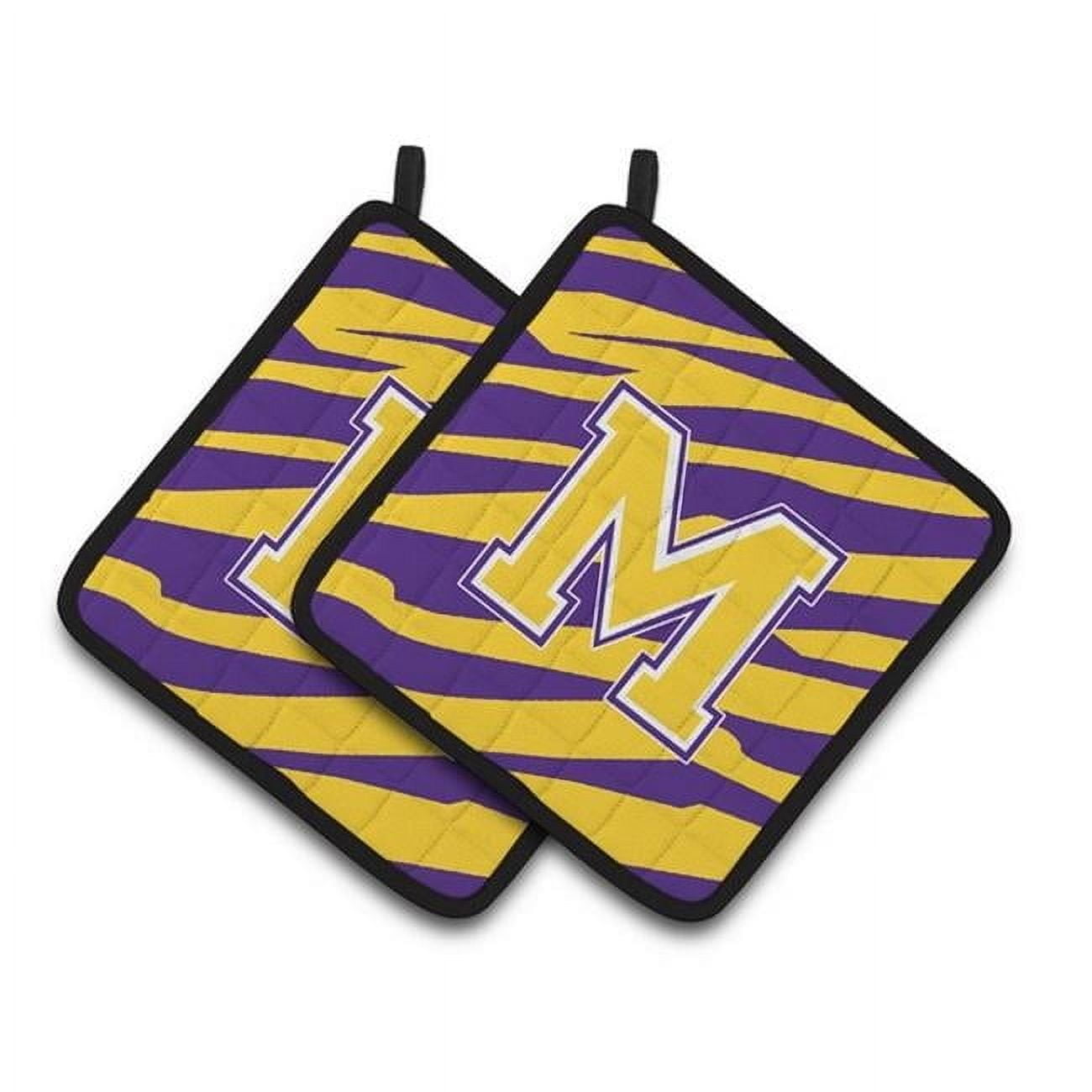 Letter M Monogram - Tiger Stripe - Purple Gold Pair of Pot Holders