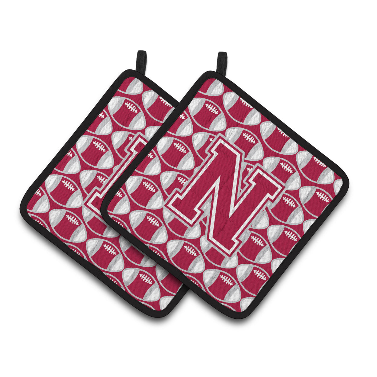 Letter N Football Crimson, grey and white Pair of Pot Holders