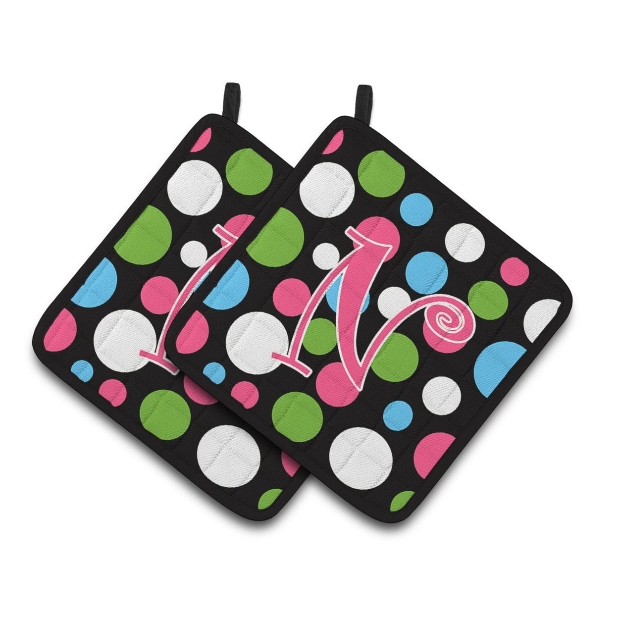 Letter N Initial Monogram - Polkadots and Pink Pair of Pot Holders