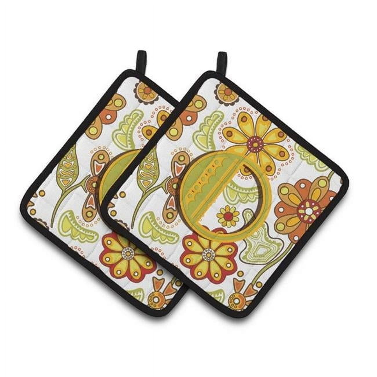 Letter O Floral Mustard and Green Pair of Pot Holders