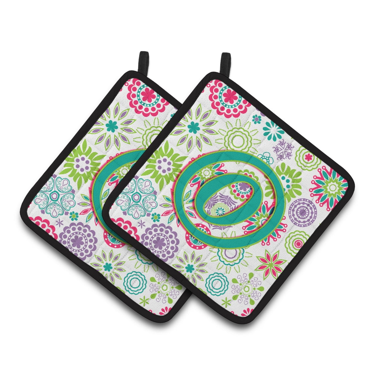 Letter O Flowers Pink Teal Green Initial Pair of Pot Holders